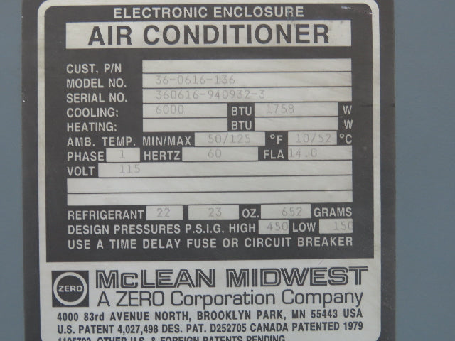Mclean Midwest 36-0616-136 Electrical Enclosure Air Conditioner 6000 BTU 115V