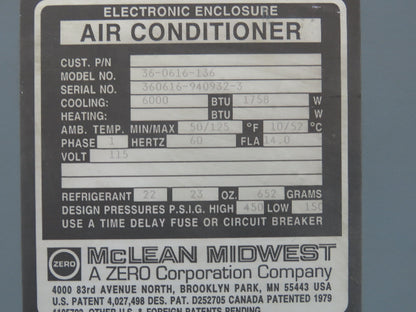 Mclean Midwest 36-0616-136 Electrical Enclosure Air Conditioner 6000 BTU 115V