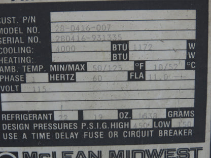 Mclean Midwest 28-0416-007 Electrical Enclosure Air Conditioner AC 4000 BTU 115V