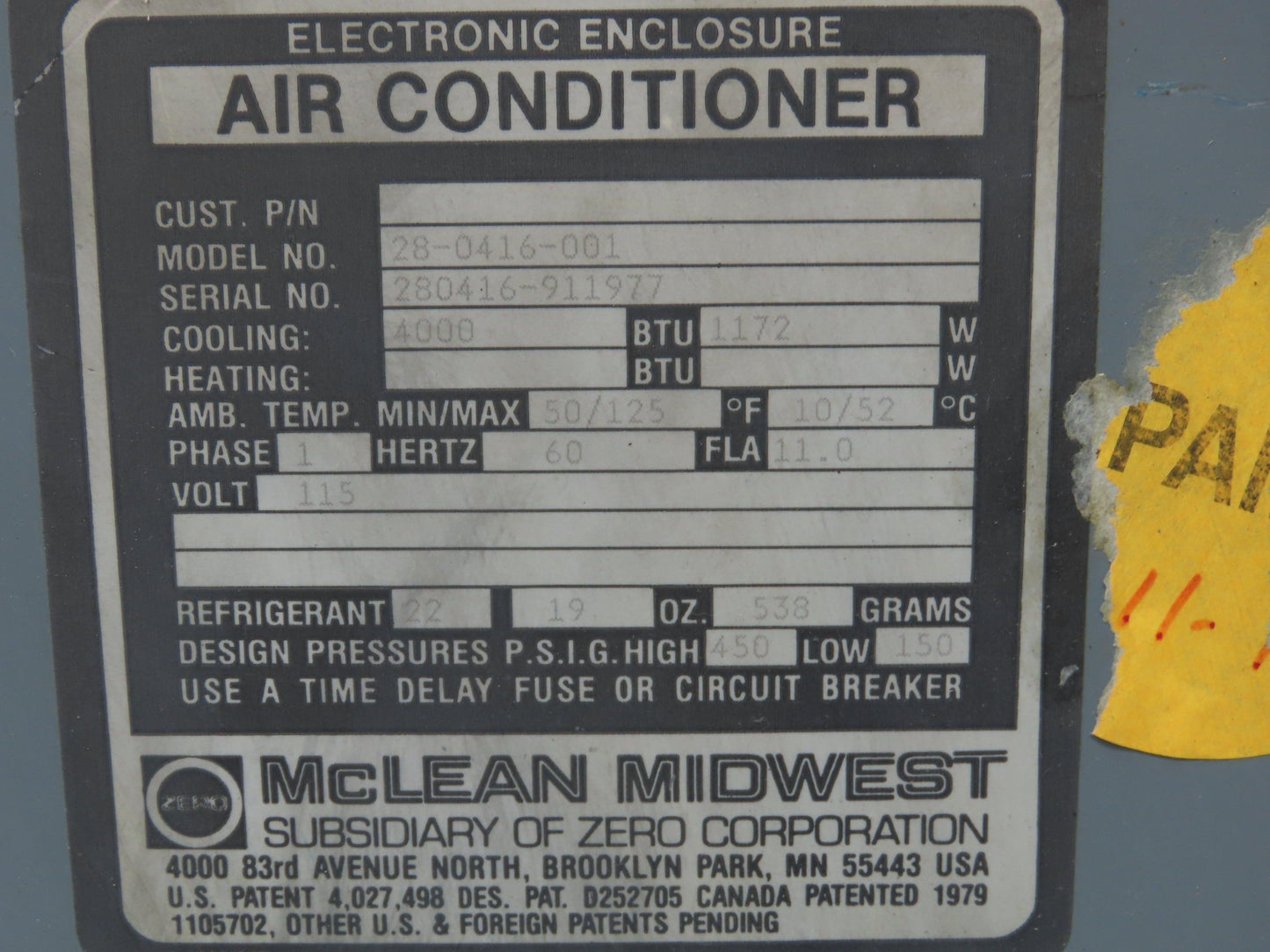 Mclean Midwest 28-0416-001 Electrical Enclosure Air Conditioner AC 4000 BTU 115V