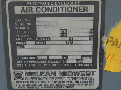 Mclean Midwest 28-0416-001 Electrical Enclosure Air Conditioner AC 4000 BTU 115V