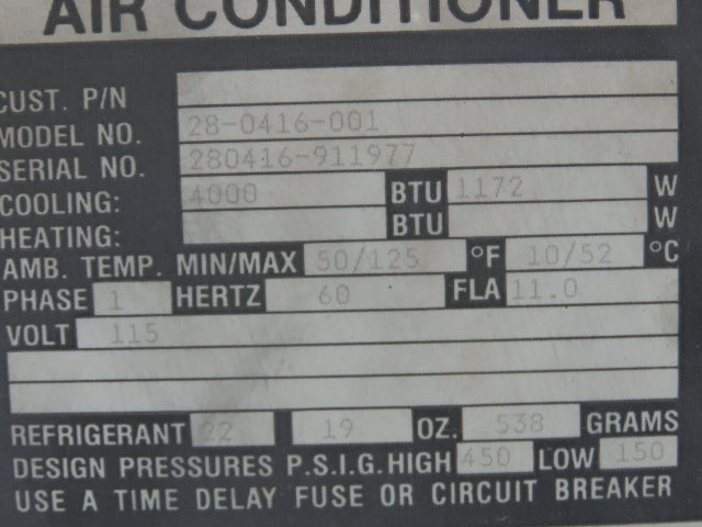 Mclean Midwest 28-0416-001 Electrical Enclosure Air Conditioner AC 4000 BTU 115V
