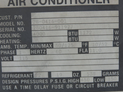 Mclean Midwest 28-0416-001 Electrical Enclosure Air Conditioner AC 4000 BTU 115V
