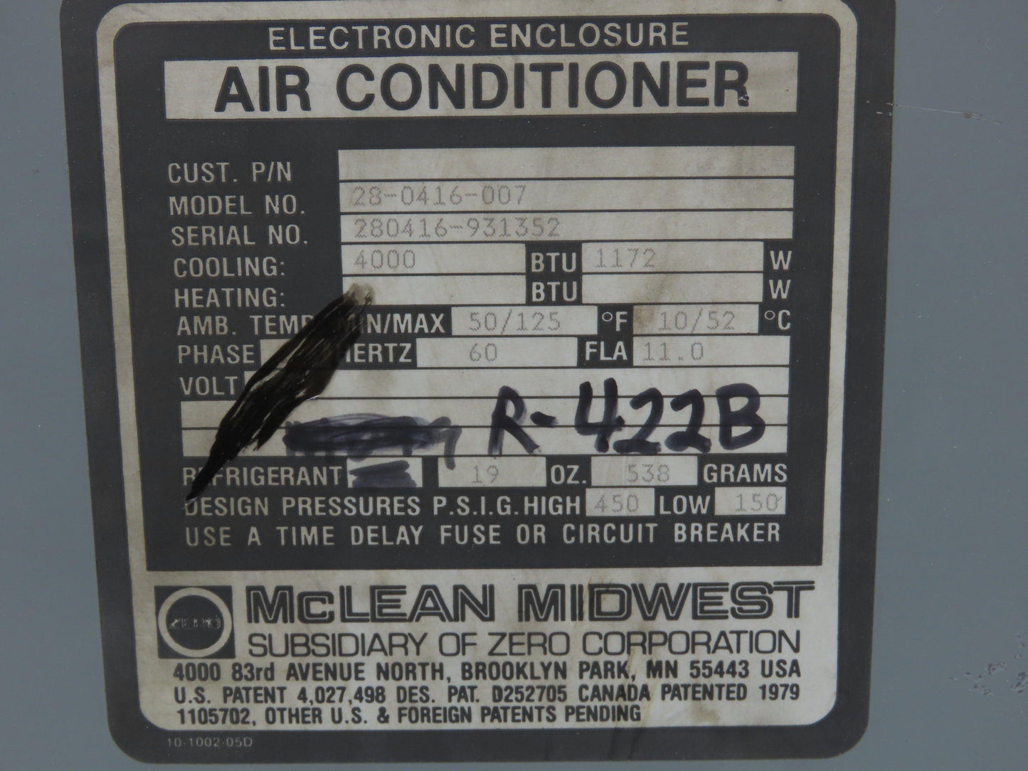 Mclean Midwest 28-0416-007 Electrical Enclosure Air Conditioner AC 4000 BTU 115V