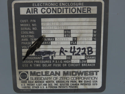 Mclean Midwest 28-0416-007 Electrical Enclosure Air Conditioner AC 4000 BTU 115V