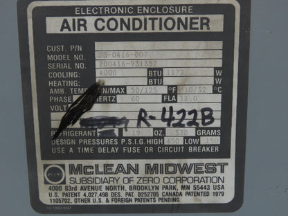 Mclean Midwest 28-0416-007 Electrical Enclosure Air Conditioner AC 4000 BTU 115V