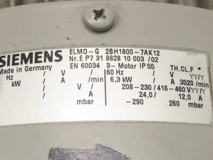 Siemens ELMO-G 2BH1800-7AK12 2.5" Regenerative Vacuum Blower 8.4Hp 230/460V 3PH