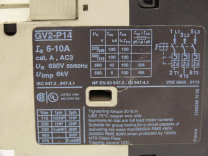 Telemecanique GV2-P14 Motor Starter Circuit Breaker 6-10A 3 Pole Lot of 2