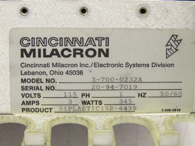 Cincinnati Milacron 3-700-0232A PLC Chassis 10-Slot Rack Power Supply 115V 1PH