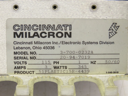 Cincinnati Milacron 3-700-0232A PLC Chassis 10-Slot Rack Power Supply 115V 1PH