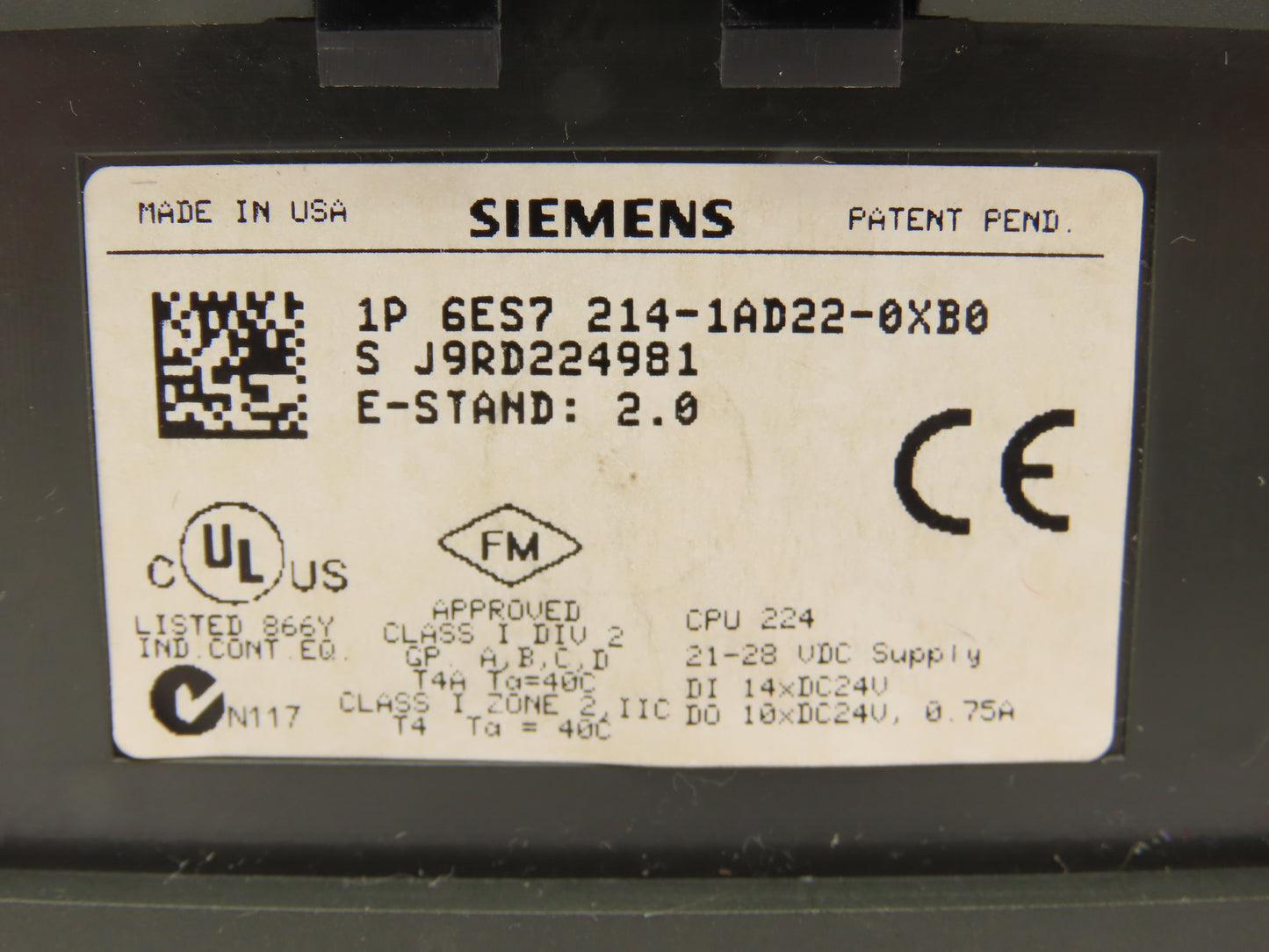 Siemens 6ES7214-1AD22-0XB0 S7-200 Simatic CPU 224 Relay Power Supply Module