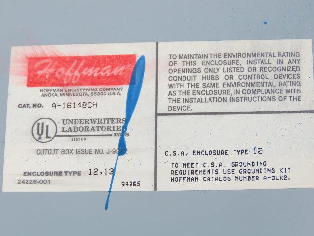 Hoffman A-16148CH Electrical Enclosure Control Panel 16x14x8" Back Plate