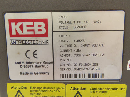 KEB 07.F0.200-1228 200-240VAC 1 PH Input 4.5A 750W Output Frequency Inverter