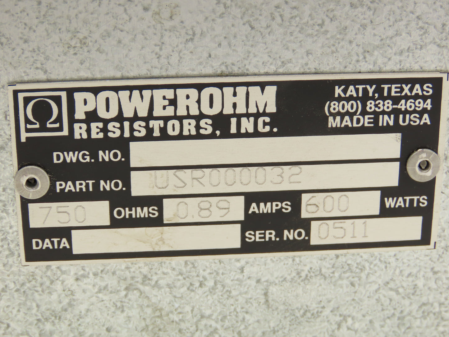 Powerohm USR000032 Braking Resistor 600 Watt 750 Ohms Steel Enclosure