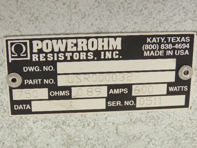 Powerohm USR000032 Braking Resistor 600 Watt 750 Ohms Steel Enclosure