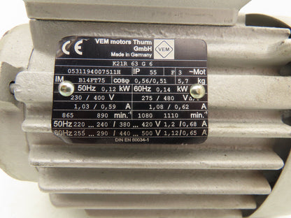 VEM K21R 63 G 6 AC Motor 0.14kw 275/480V 3PH 1110 RPM IEC 63 Frame B14FT75