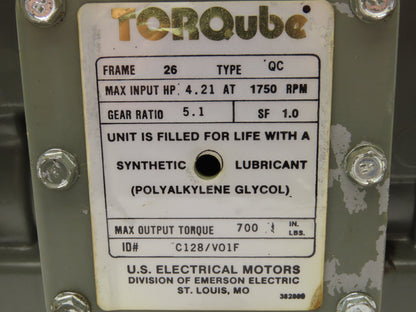 US Motors Torqube QC Gearbox 5:1 Reducer 350 RPM 4.2Hp LH 56C 700 In-Lbs