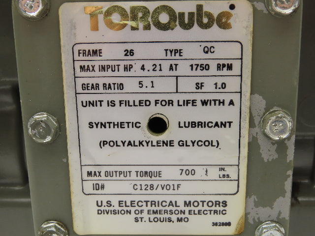 US Motors Torqube QC Gearbox 5:1 Reducer 350 RPM 4.2Hp LH 56C 700 In-Lbs