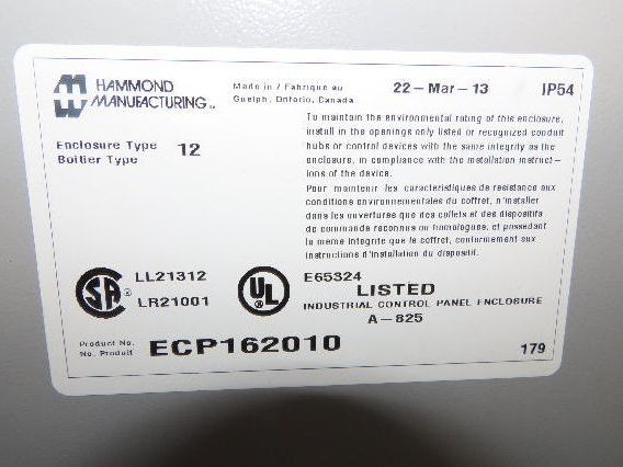 Hammond ECP162010 Electrical Console Control Cabinet Enclosure 16x20x10"