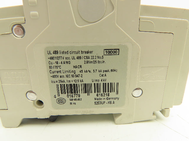 ABB S203UP-K6A 3-Pole Circuit Breaker 20A 480VAC 18-4AWG DIN Mountable Lot of 5