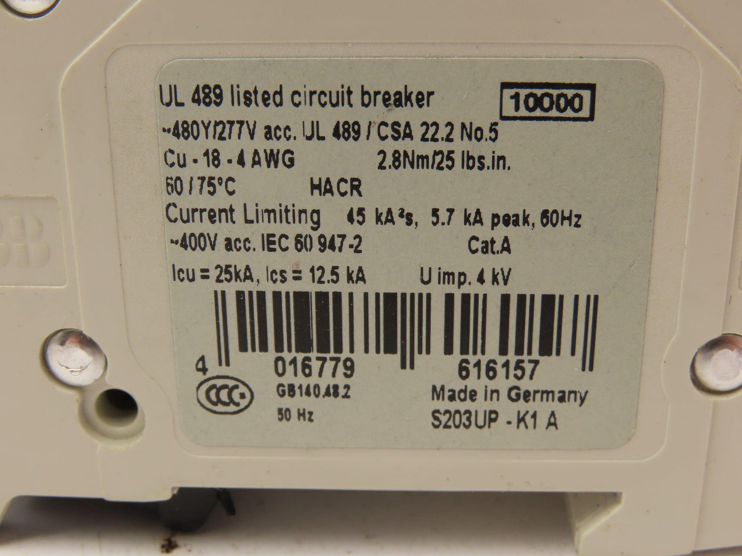 ABB S203UP-K1A 3-Pole Circuit Breaker 20A 480VAC 18-4AWG DIN Mountable Lot of 6