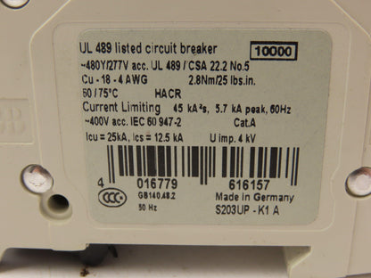 ABB S203UP-K1A 3-Pole Circuit Breaker 20A 480VAC 18-4AWG DIN Mountable Lot of 6