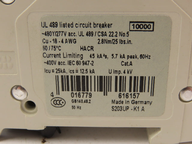 ABB S203UP-K1A 3-Pole Circuit Breaker 20A 480VAC 18-4AWG DIN Mountable Lot of 6