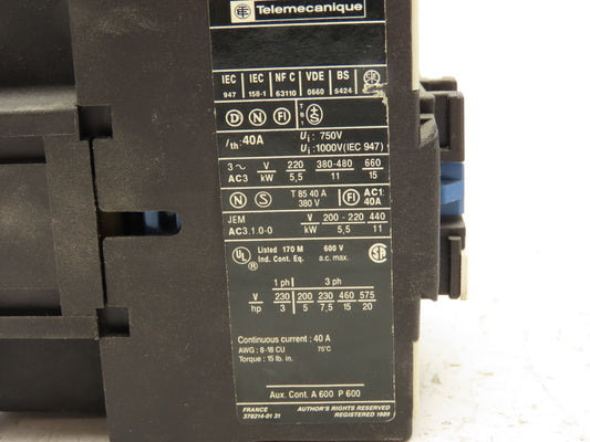 Telemecanique LC1D2510 Contactor 120V Coil 600V 40A15Hp 3 Ph Lot Of 4