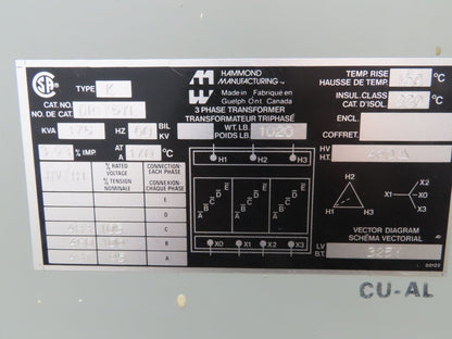 Hammond DR175YL Industrial Electric Power Transformer 175kva HV 480D LV 325Y 3Ph