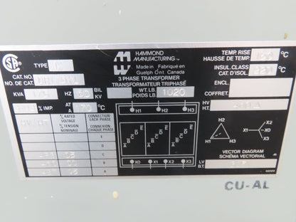 Hammond DR175YL Industrial Electric Power Transformer 175kva HV 480D LV 325Y 3Ph