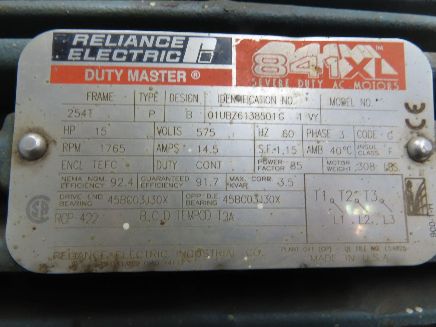 Reliance 841XL Severe Duty AC Motor 15Hp 14A 1765 RPM 575V 3PH 254T Foot Mount
