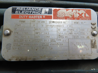 Reliance 841XL Severe Duty AC Motor 15Hp 14A 1765 RPM 575V 3PH 254T Foot Mount