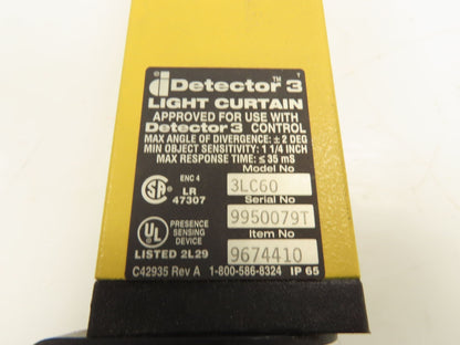 Detector 3 3LC60 Safety Light Curtain Transmitter & Receiver w/Controller 3LC-B