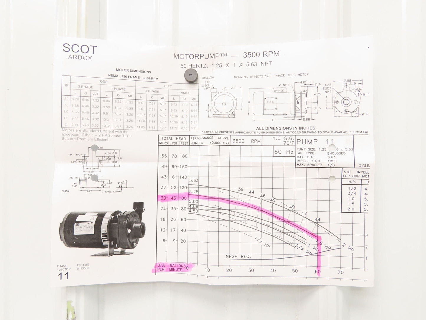 Scot MP 11 SF Cast Iron Centrifugal Pump 1.25x 1" NPT 1.5Hp 460V 3PH 56J