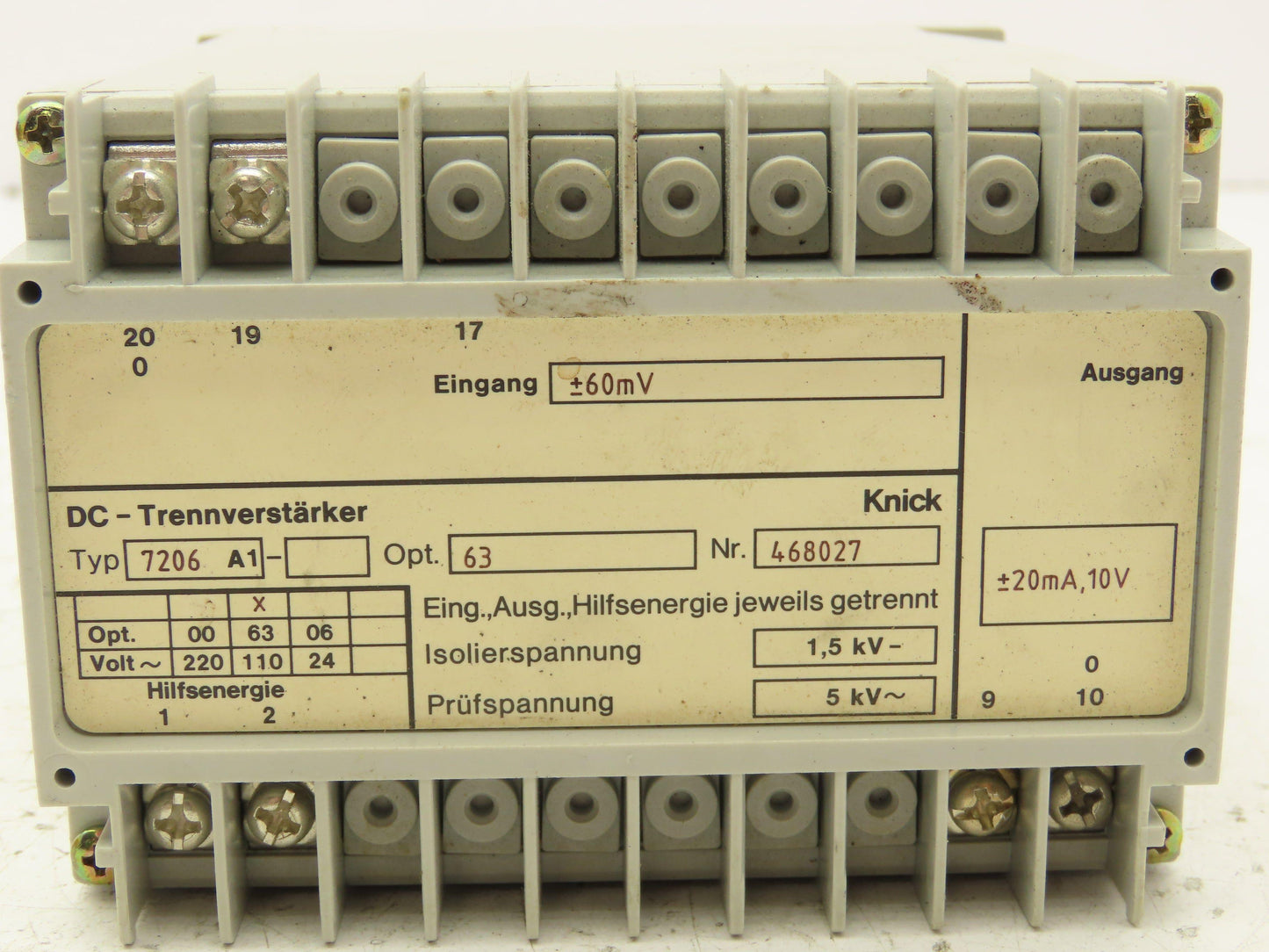 Knick 7206-A1 DC Isolation Amplifier 110VAC to 10VDC