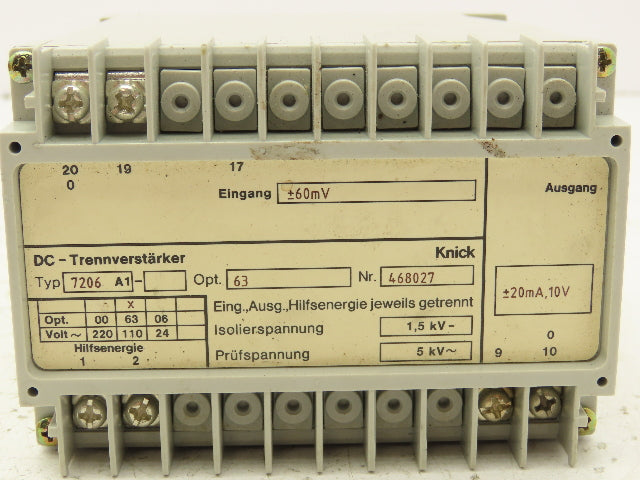 Knick 7206-A1 DC Isolation Amplifier 110VAC to 10VDC