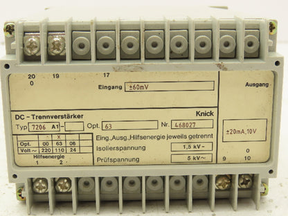 Knick 7206-A1 DC Isolation Amplifier 110VAC to 10VDC