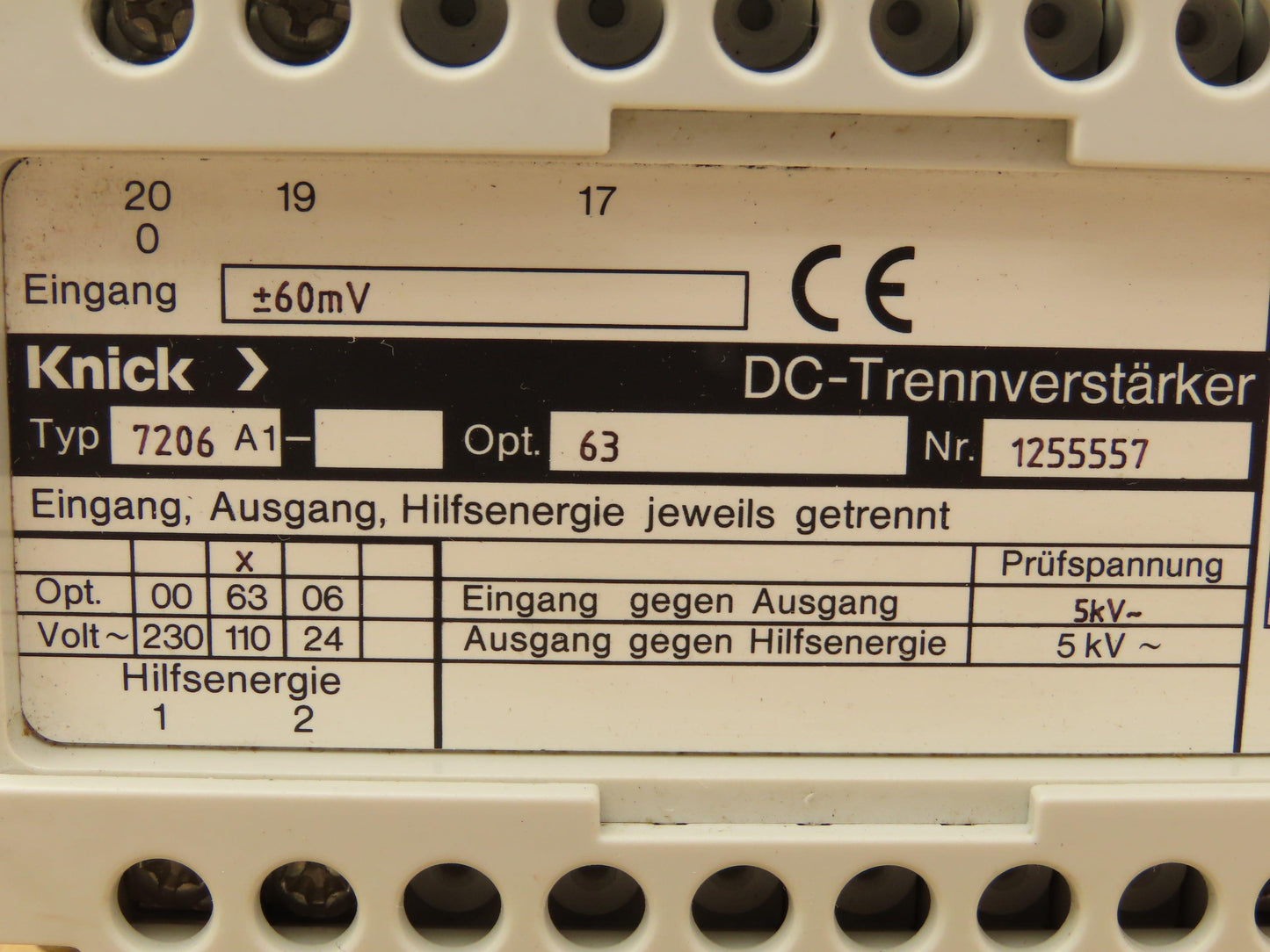 Knick 7206-A1 DC Isolation Amplifier 110VAC to 10VDC