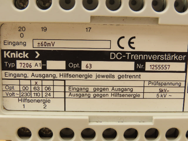 Knick 7206-A1 DC Isolation Amplifier 110VAC to 10VDC