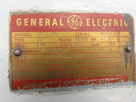 General Electric Direct Current 50Hp DC Motor 250RPM 125VDC 1156Y Fr Tachometer