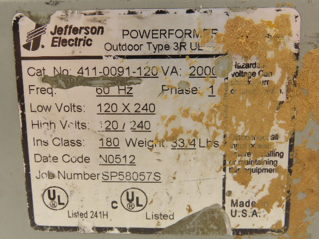 Jefferson Electric 411-0091 Power Transformer 2kva 1Ph HV 120/240 LV 120/240