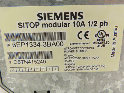 Siemens 1P6EP1334-3BA00 Sitop 10A Power Supply 1/2PH Input 24VDC 240W Out