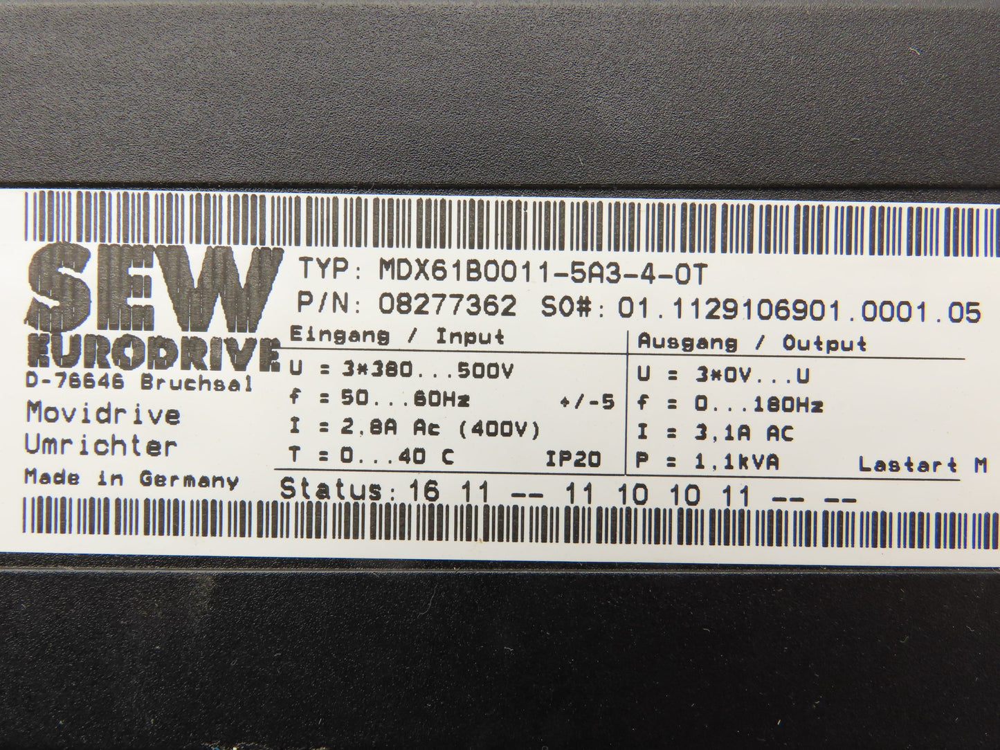 SEW-EURODRIVE MDX61B0011-5A3-4-0T Movidrive Compact Servo Drive Inverter 1.1kva