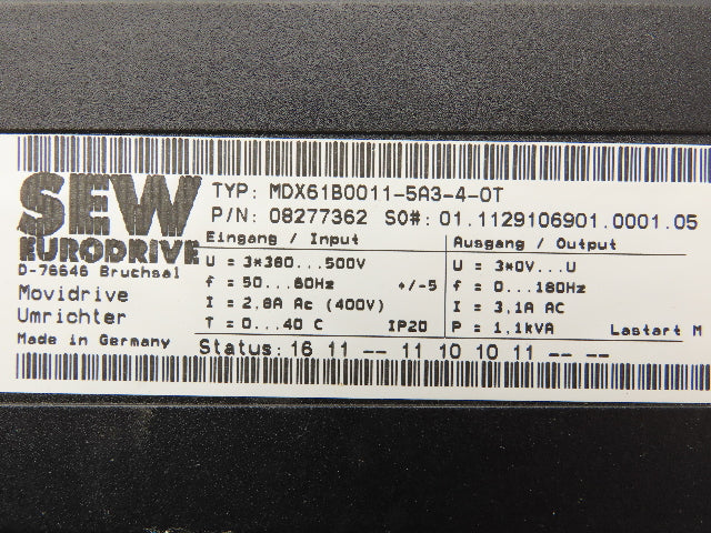 SEW-EURODRIVE MDX61B0011-5A3-4-0T Movidrive Compact Servo Drive Inverter 1.1kva