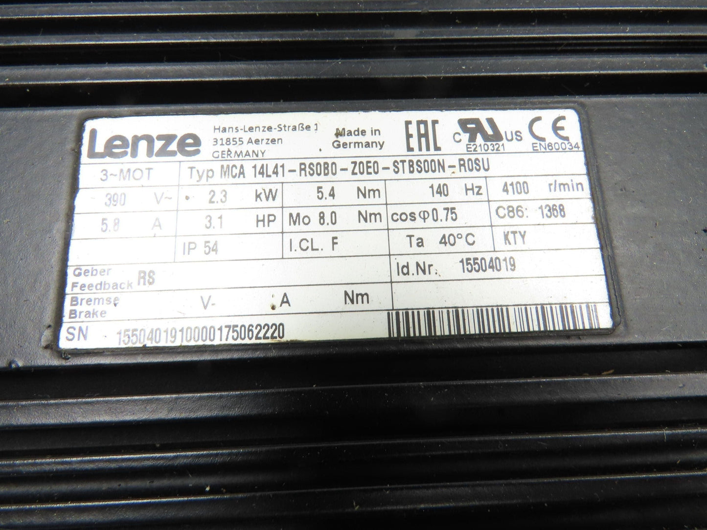 Lenze MCA 14L41-RS0B0 Servo Gear Motor 597 RPM 3.1Hp 390V 3PH 6.8:1 GKS05-3A