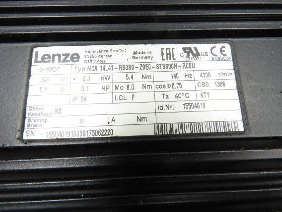 Lenze MCA 14L41-RS0B0 Servo Gear Motor 597 RPM 3.1Hp 390V 3PH 6.8:1 GKS05-3A