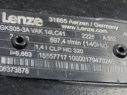 Lenze MCA 14L41-RS0B0 Servo Gear Motor 597 RPM 3.1Hp 390V 3PH LH 6.8:1 GKS05-3A