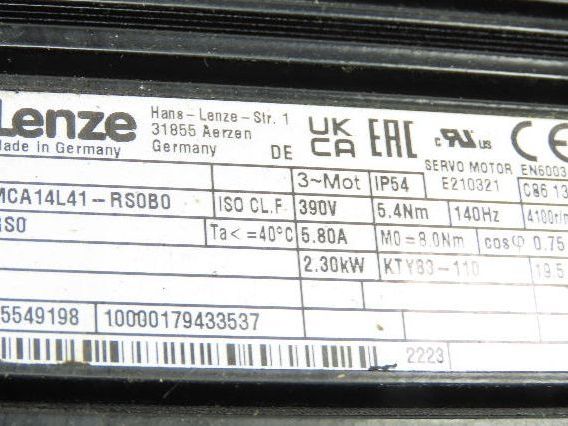 Lenze MCA 14L41-RS0B0 Servo Gear Motor 597 RPM 3.1Hp 390V 3PH LH 6.8:1 GKS05-3A