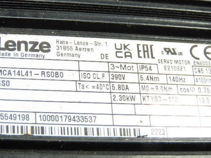 Lenze MCA 14L41-RS0B0 Servo Gear Motor 597 RPM 3.1Hp 390V 3PH LH 6.8:1 GKS05-3A