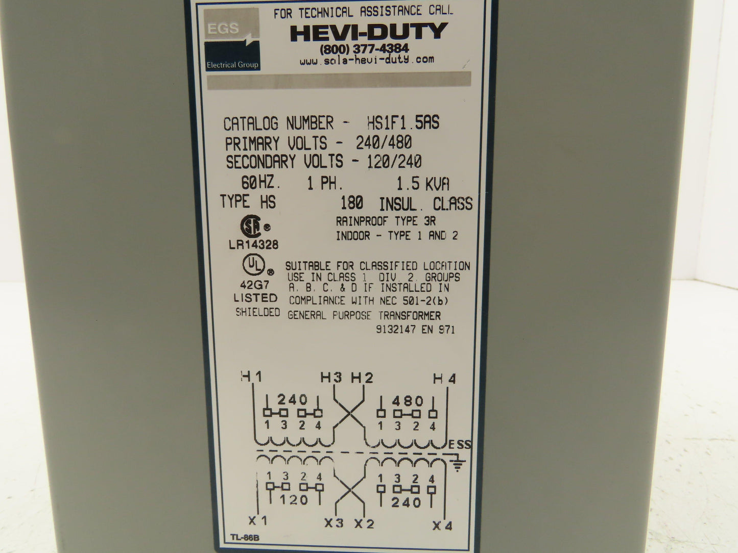 Hevi Duty HS1F1.5AS Stepdown Transformer 1.5Kva 1PH 240/480V - 120/240V
